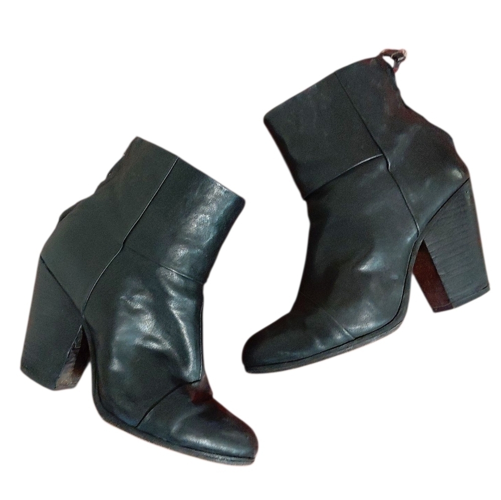 Rag & Bone Newbury Classic Black Leather Block Heeled Ankle Boots Sz 6.5 Booties